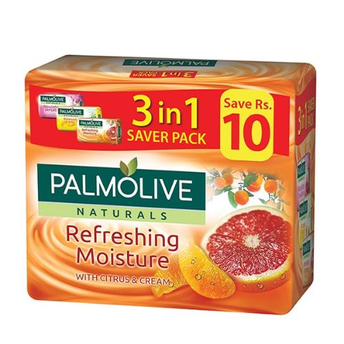 The HKB Palmolive Naturals Refreshing Moisture With Citrus &amp; Cream Soap 3 in 1 Pack 130 GM